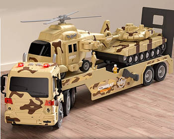 Інерційна ігрова техніка 1:16 Дитяча військова машина вантажівка автовоз транспортер Танчик і вертоліт Мигалки