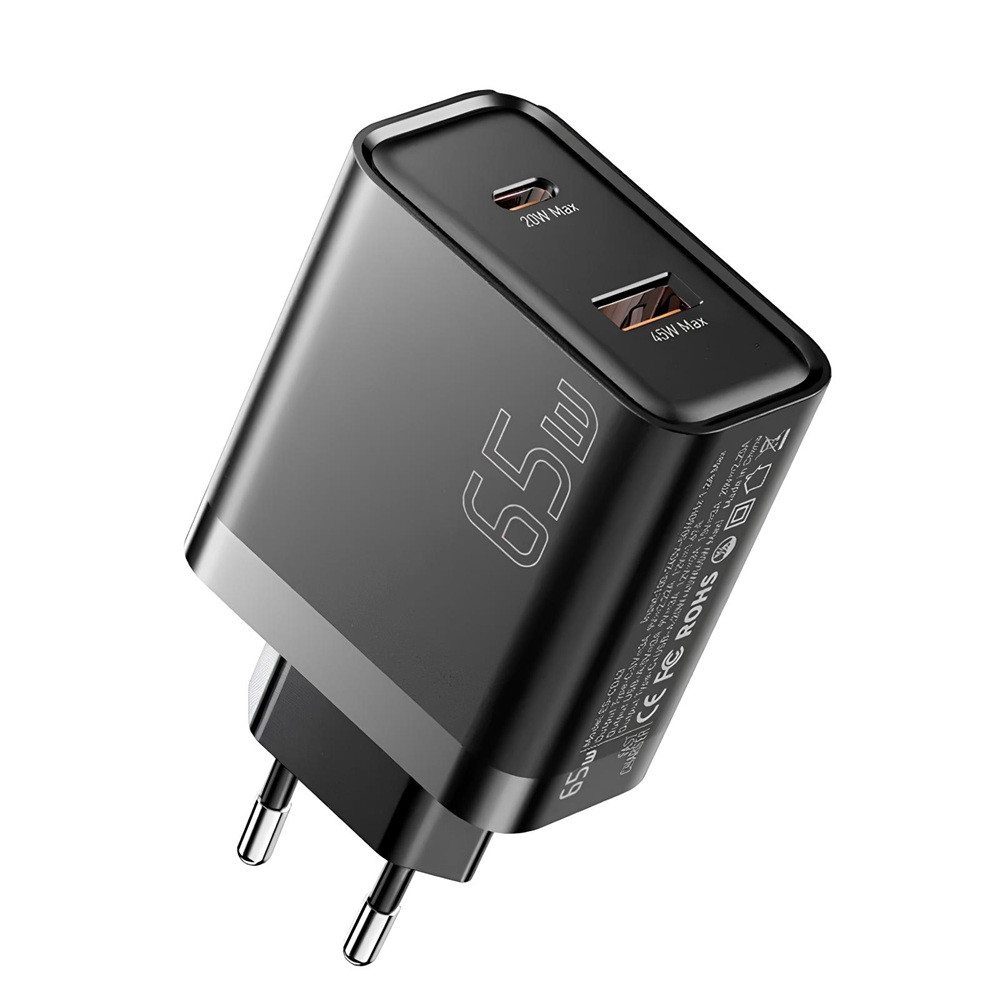 Мережевий зарядний пристрій Essager 65W GaN Travel Charger Type-C + Type-A Black (ES-CD43)