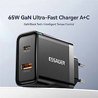 Мережевий зарядний пристрій Essager 65W GaN Travel Charger Type-C + Type-A Black (ES-CD43), фото 4