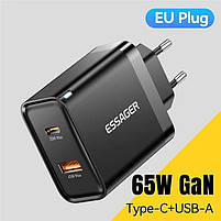 Мережевий зарядний пристрій Essager 65W GaN Travel Charger Type-C + Type-A Black (ES-CD43), фото 3