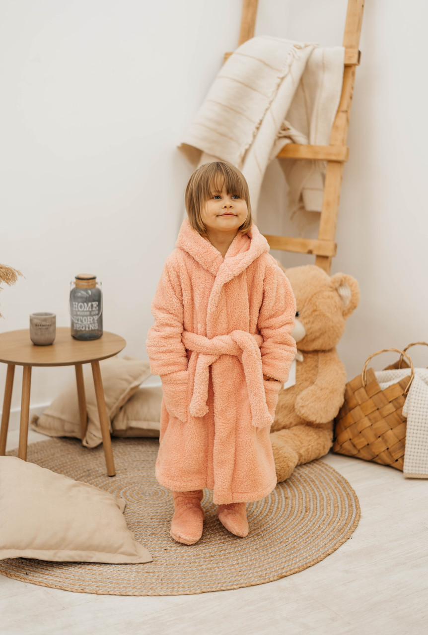 Дитячий теплий халат з каптуром для дівчинки, пудровий, велсофт, фото 1