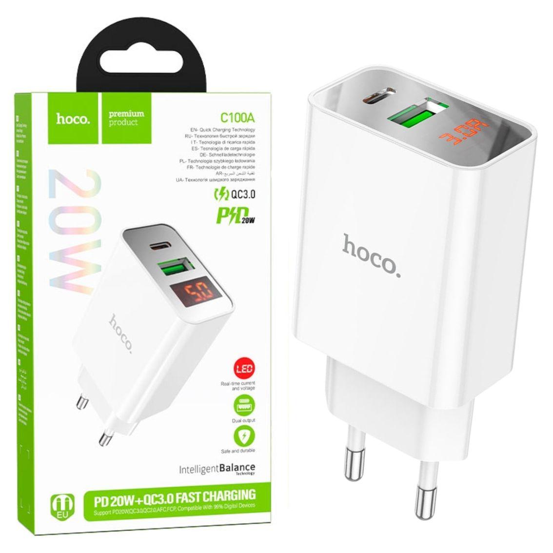 СЗП Hoco C100A QC3.0 (1Type-C/1USB/20W/LED дисплей.) білий, зарядний пристрій для телефону