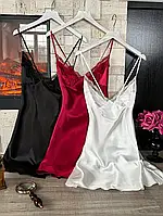 Нічна сорочка атласна жіноча Чорна S Жіноча ночнушка на бретельках Сексуальна атласна ночнушка