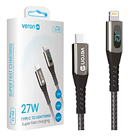 Кабель Type-C-Lightning Veron CL02 (27W/1,2 м/нейлон/LED ін.) чорно-сірий, кабель для зарядки iPhone Type-C