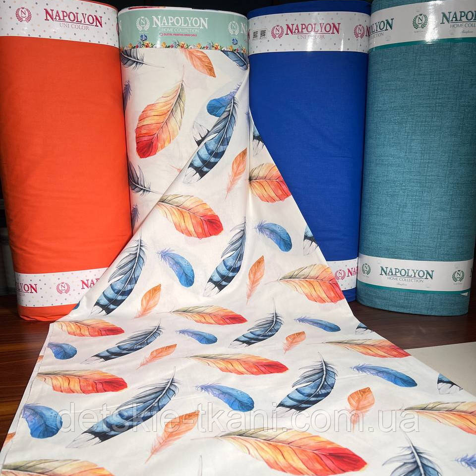 Тканина ранфорс digital оптом "Блакитне та помаранчеве пір'я" (рулонами), фото 1