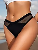 Чорні жіночі стрінги, з вставками сіточка і V-подібним вигином розмір S