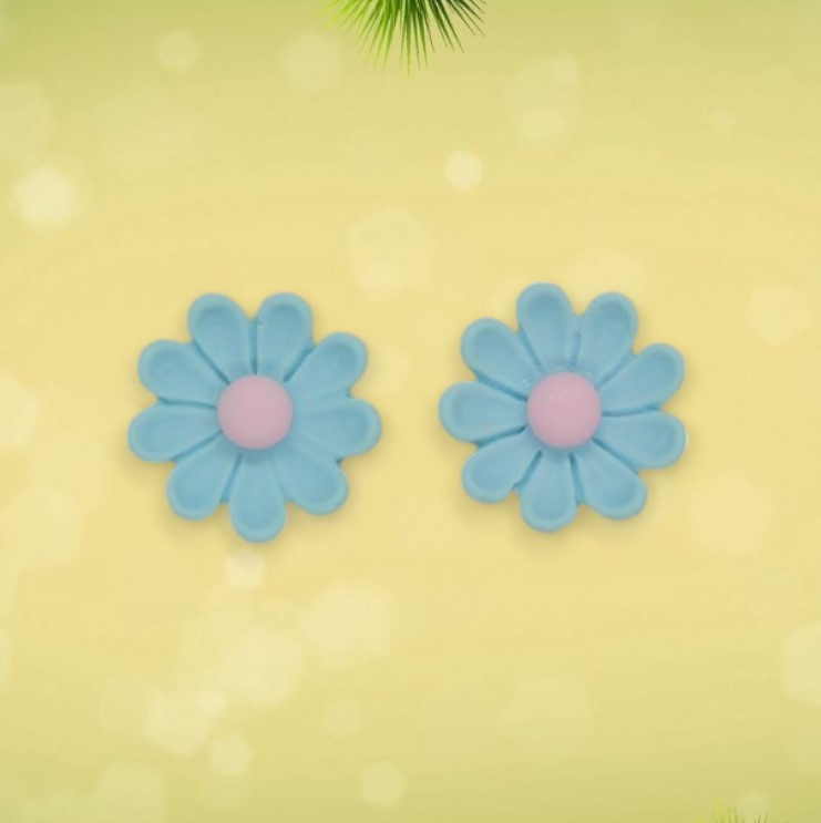 Сережки кліпси дитячі для вух без пробивання квітка Незабудка з блакитними пелюстками та рожевою тичинкою, фото 1