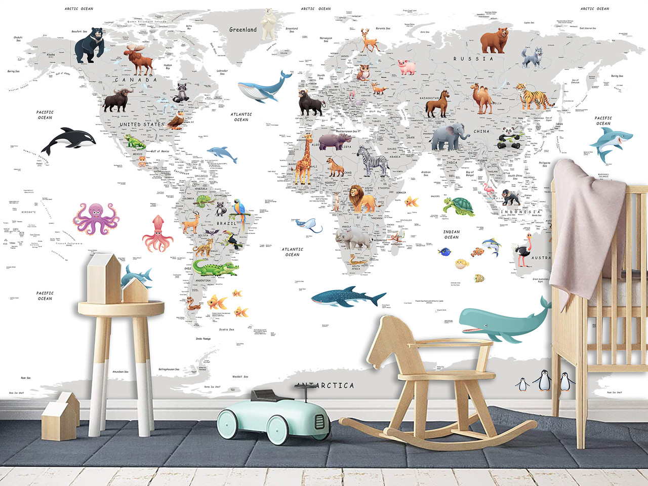 Самоклеюча плівка Oracal "Сіра карта світу на білому фоні", шпалери для дитячої кімнати, фото 1