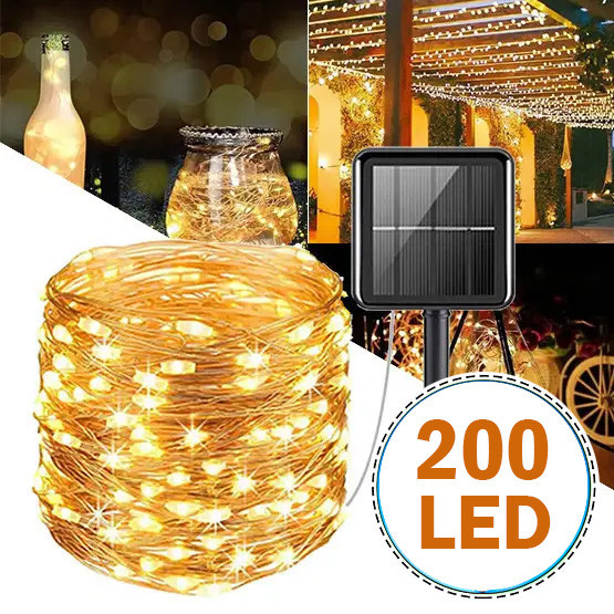 Гірлянда світлодіодна нитка "Роса", на сонячній батареї 200 led, 20 м, теплий білий