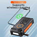 Сонячний повербанк 30000 мАг з ручним генератором (динамо-машина), бездротовою зарядкою, вбудованими кабелями та вологозахистом, фото 4