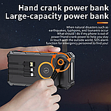 Сонячний повербанк 30000 мАг з ручним генератором (динамо-машина), бездротовою зарядкою, вбудованими кабелями та вологозахистом, фото 3