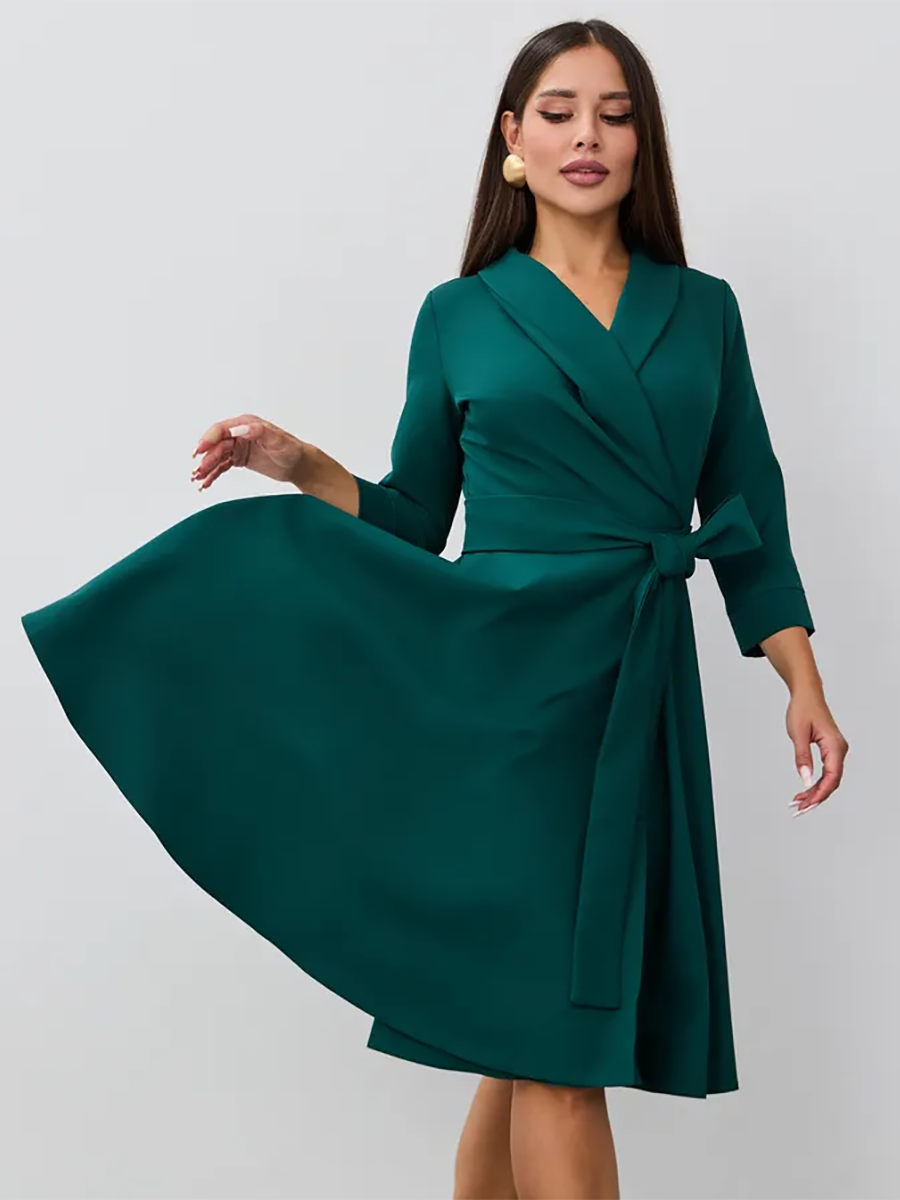 Витончене та стримане жіноче плаття-міді на запах, темно-зелене, фото 1