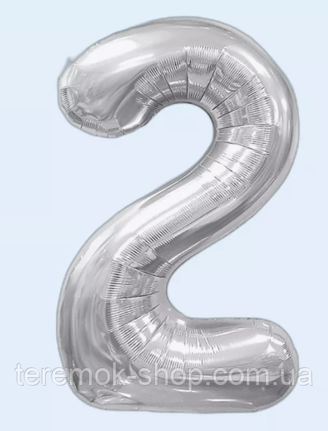 Фольгована цифра 2 срібло, повітряна надувна куля 70 см 32" Китай, фото 1