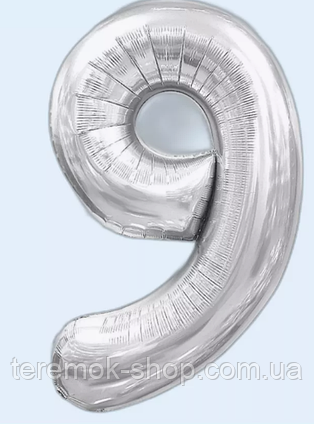 Фольгована цифра 9 срібло, повітряна надувна куля 70 см 32" Китай