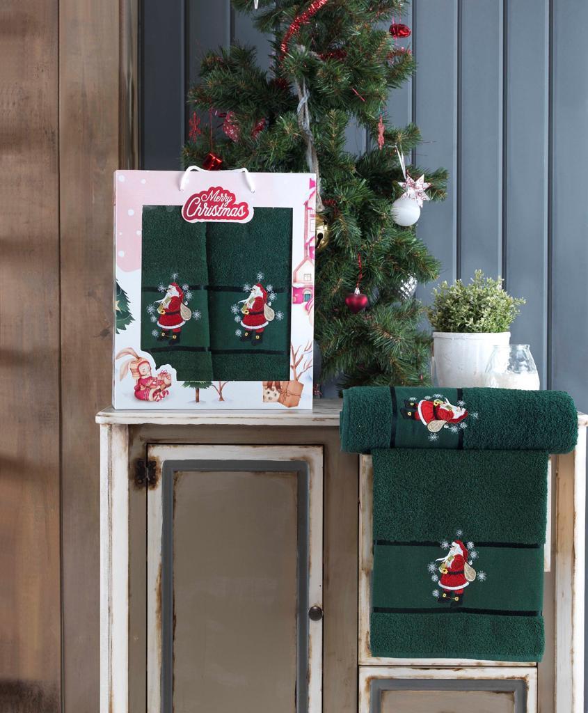 Набір рушників подарунковий новий рік Gulcan New Year Santa смарагдовий 1+1, фото 1