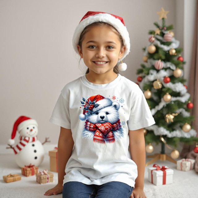 футболка з білим ведмедиком у шарфі, новорічна футболка сімейна, футболки для всієї родини Новий рік, футболка зимовий принт білий ведмедик, новорічні футболки Україна, сімейний лук білий ведмедик, різдвяна футболка купити, одяг для сімейних фотосесій, бавовняні футболки на Новий рік, футболки для свят.