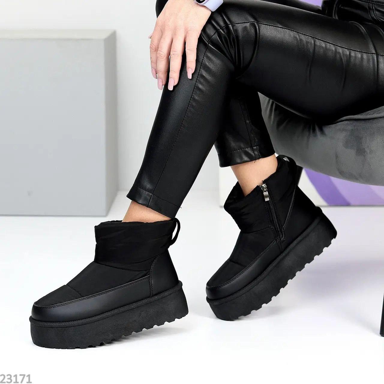 Дутики Угги ЧЕРНЫЕ короткие на Платформе со Змейкой влагозащитные полуботинки сапожки женские зима