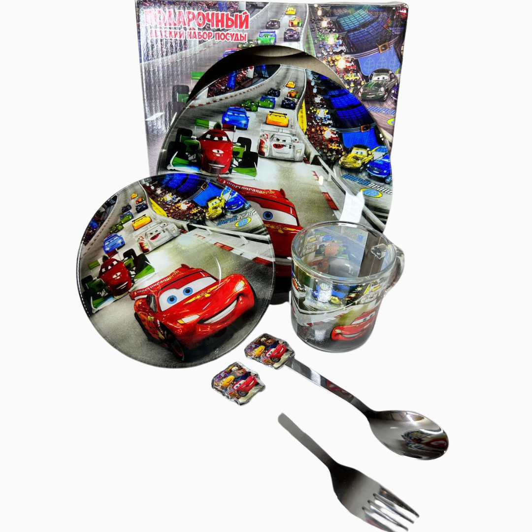 Дитячий набір скляного посуду для годування Тачки Блискавка Маквин 5 предметів Metr+, фото 1