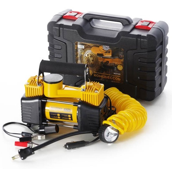 Компресор автомобільний двопоршневий (85 л/хв 10 Атм 18 А) у пластиковому кейсі + кручений шланг СІЛА 900410, фото 1