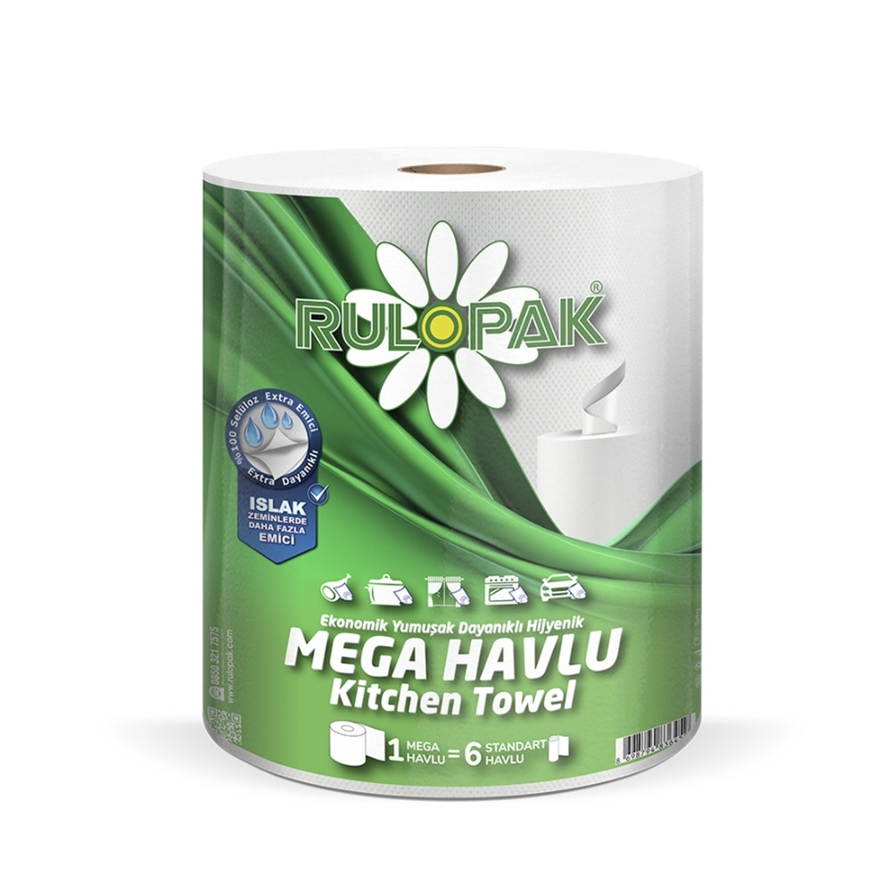 Рушники паперові 120 м/рул, 500відр, 2-х шарові Mega, 19х24см, з перфорацією білі, Rulopak