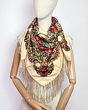 Українська хустка Зоряна троянди 105*105 см молочна