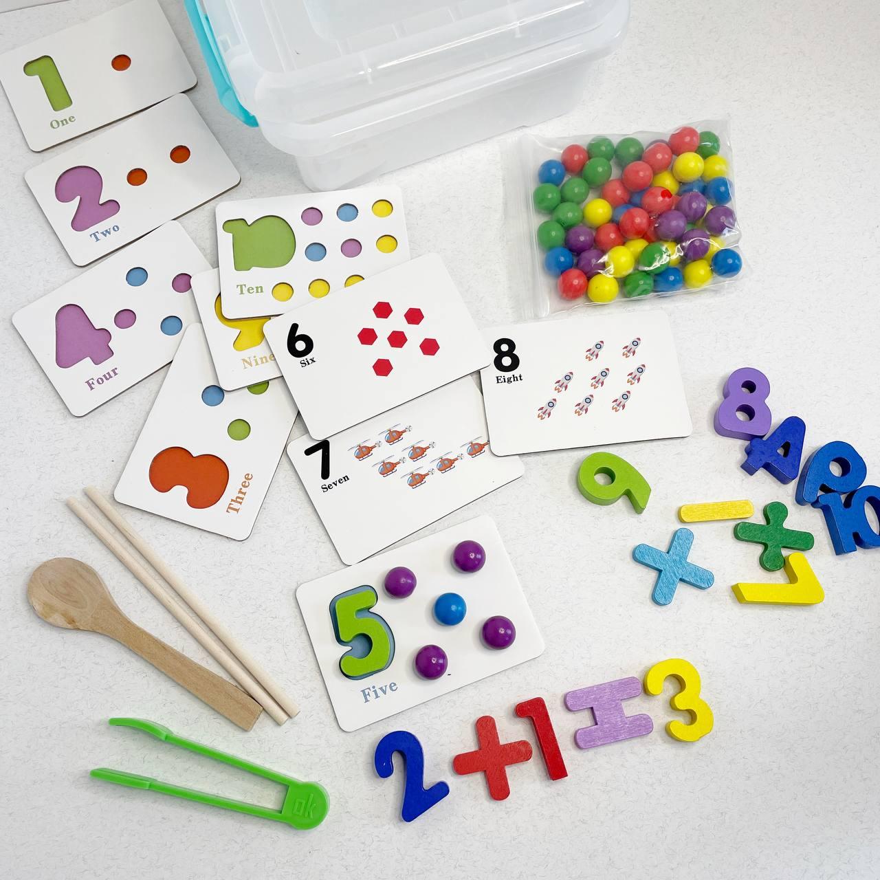 Дерев'яний математичний сортер з кульками, пінцетом, картками з цифрами C15055, від 3 років, комбінований матеріал