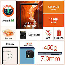 FLYCOAY найновіший планшет Android 14 10 дюймів, Octa-Core 2.0 GHz, 36 ГБ RAM+128 ГБ ROM(1 ТБ TF) 5G+2.4G WiFi,, фото 6