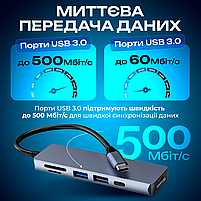 Адаптер 6в1, usb хаб для ноутбука: 4K HDMI+USB3.0*2+SD/TF Card Reader+PD Female (Hub-6/1), фото 4
