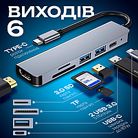 Адаптер 6в1, usb хаб для ноутбука: 4K HDMI+USB3.0*2+SD/TF Card Reader+PD Female (Hub-6/1), фото 3