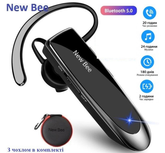 Блютуз гарнітура New Bee , long life battery Black, фото 1