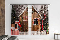 Штори з новорічним принтом «Будиночок Санти. Santa’s Cottage» 2.7м*3м (2 полотна х1.5), Габардин, Тасьма прозора