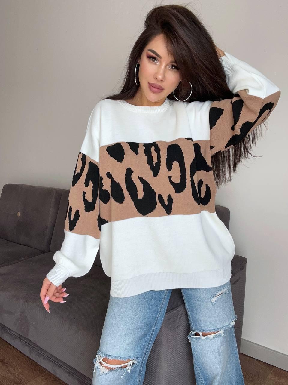Жіночий теплий светр оверсайз з леопардовою вставкою (р. 42-46) 9sv3411, фото 1