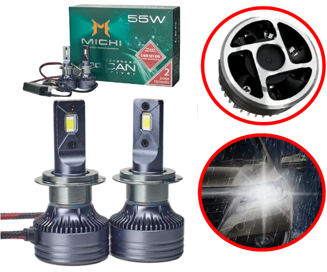 Світлодіодні лампи MICHI H1 12V-24V 55 W Can 5500 K 5300L з обманкою радіатор із вентилятором