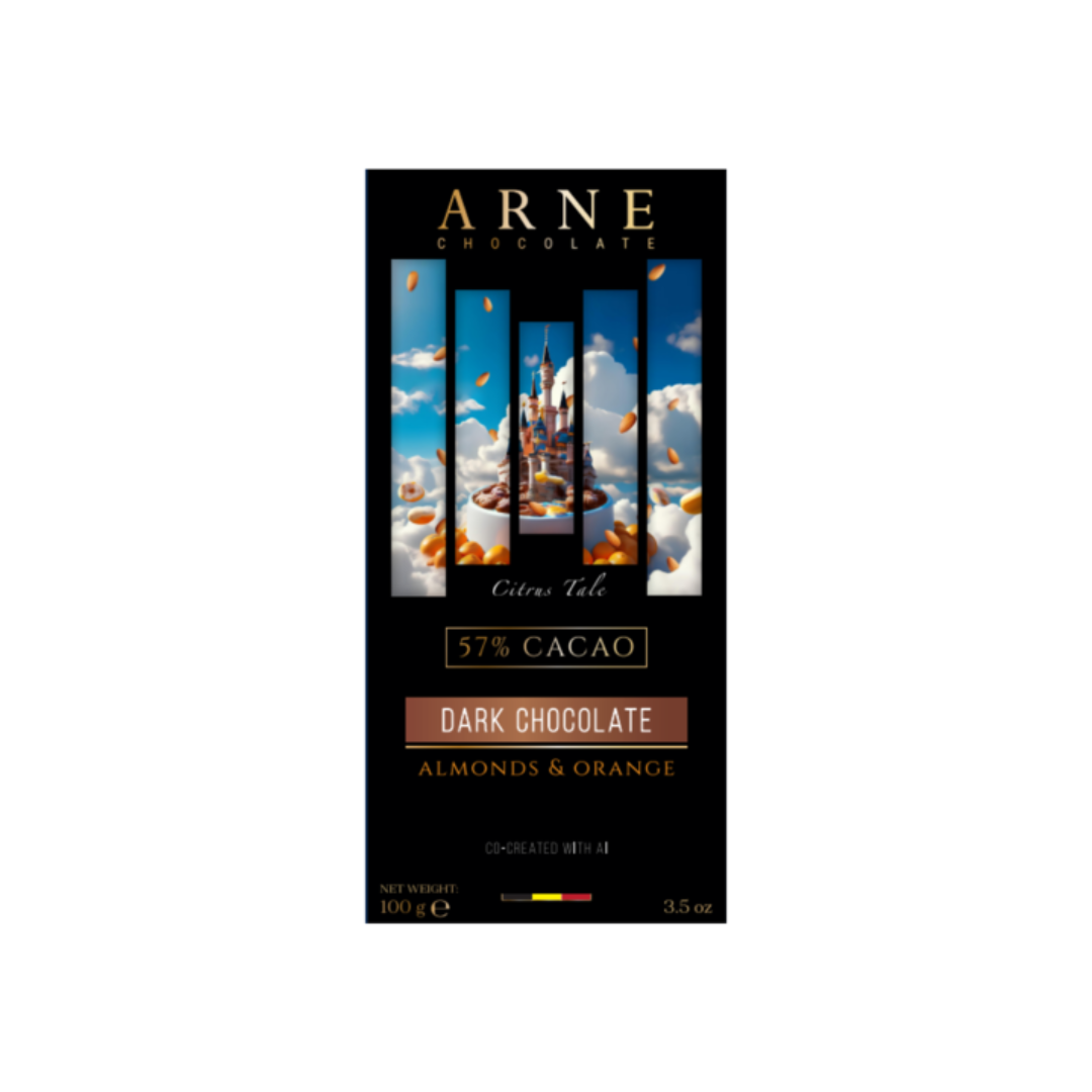 Шоколад Arne чорний 57% з мигдалем та апельсином 100г