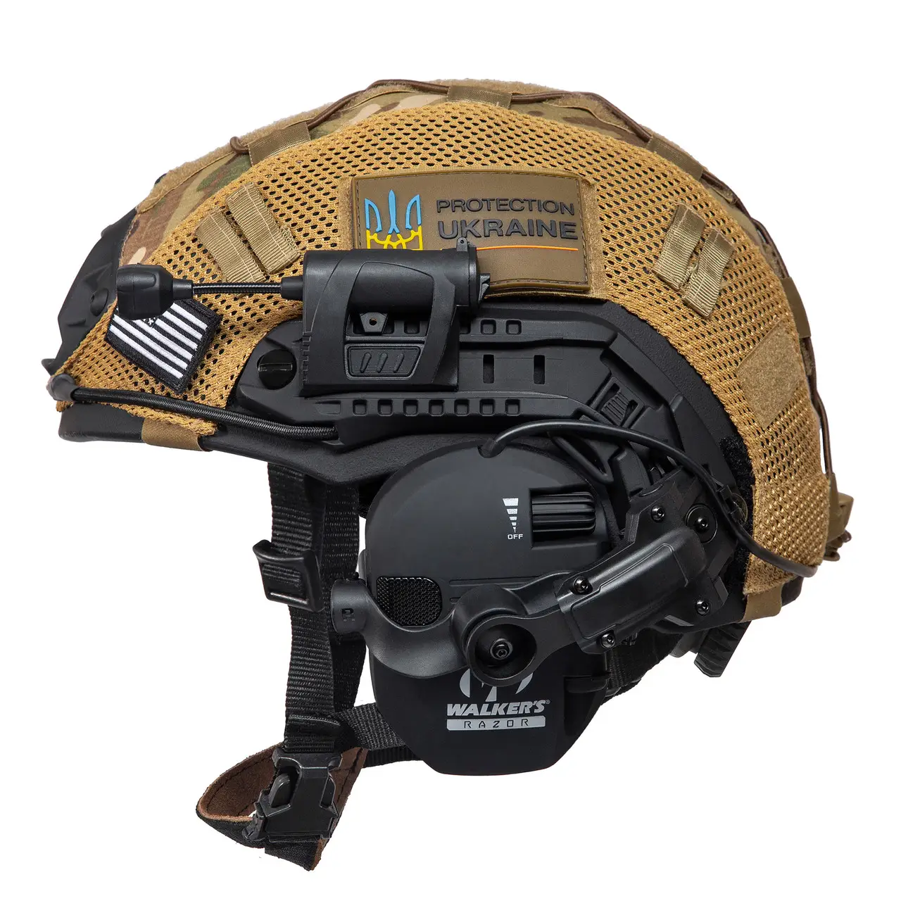 Комплект шолом Fast Helmet NIJ IIIA + навушники Walkers Razor Slim + чебурашки + ліхтарик + кавер (розмір S)