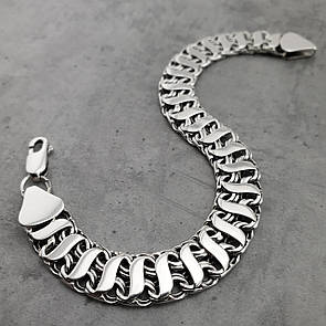 Подвійний срібний браслет чоловічий з накладками. Широкий чоловічий срібний браслет двусторонній. 9 мм / 21 см