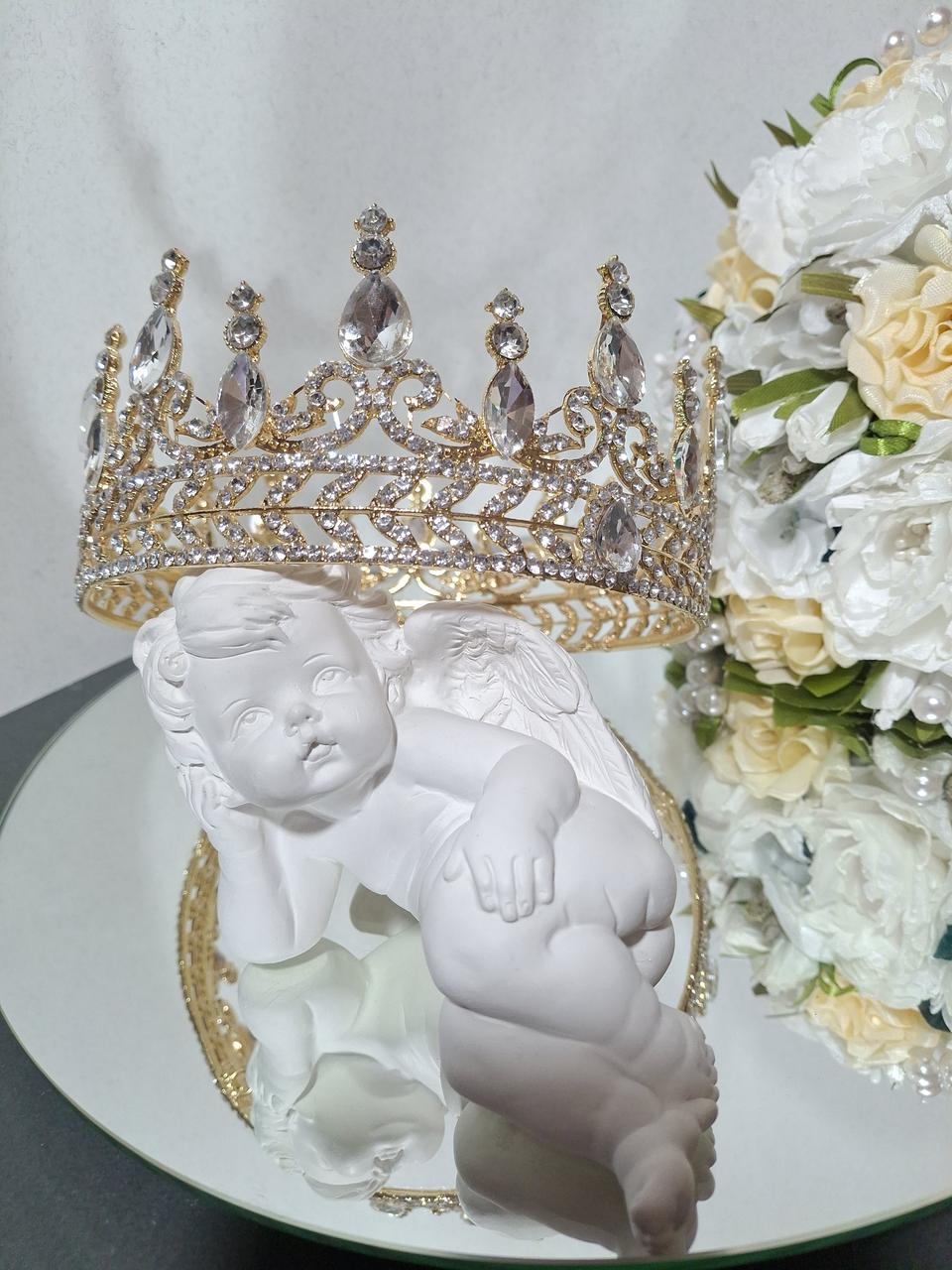 Корона з камінням Swarovski Золото 15х7 см Корона для дівчат Золота корона на голову, фото 1