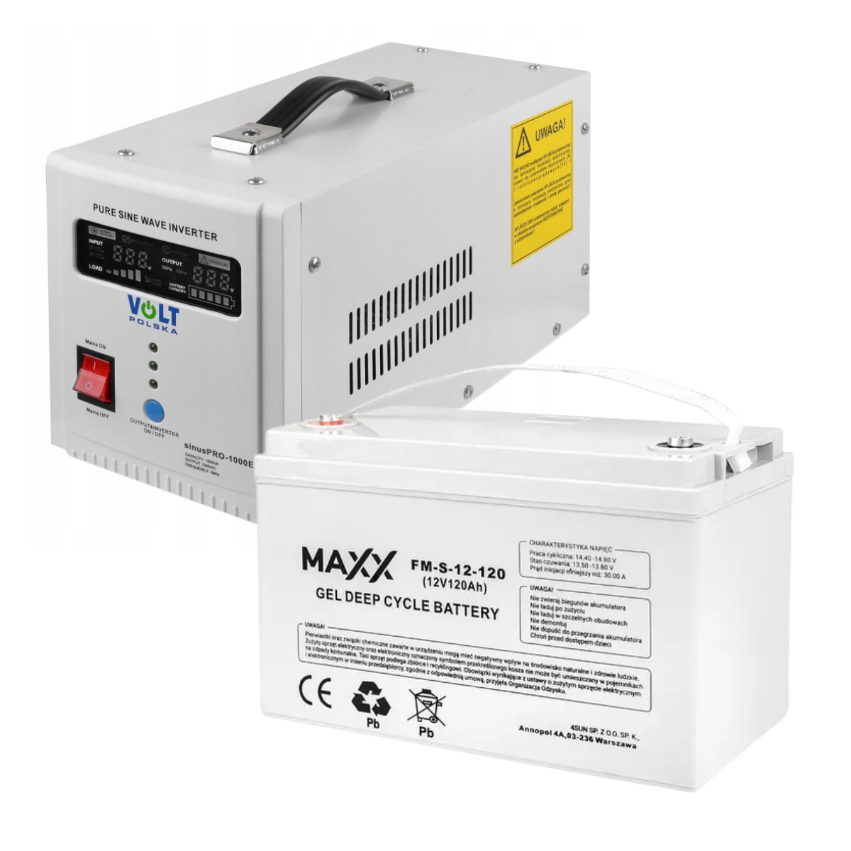 Комплект Volt Polska SINUS PRO 1000E W 12/230V 700/1000W + Акумулятор гелевий 4SUN MAXX GEL 120 Ah, фото 1