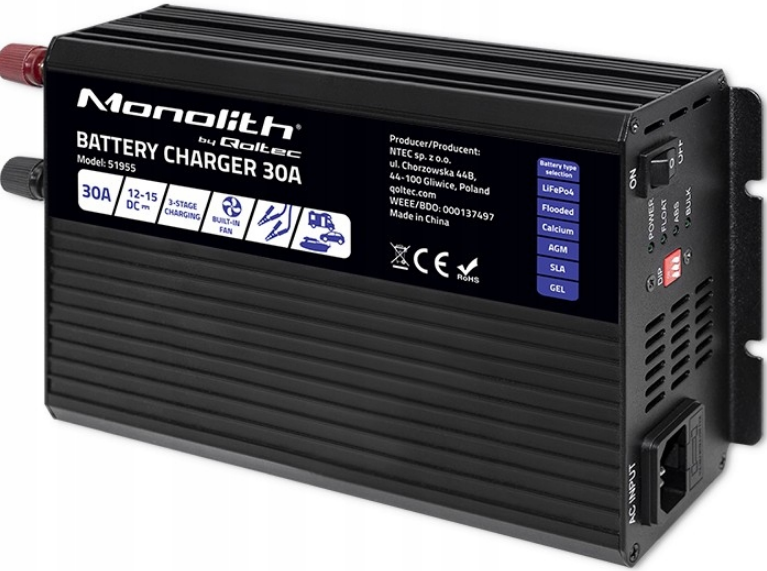Зарядний пристрій для акумуляторів LiFePO4 AGM GEL SLA 30A 12V Qoltec (Польща)