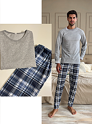 Піжама чоловіча тепла Family тепла (штани+лонгслів) клітина ТЕМНО-СИНІЙ-СІРИЙ KMW06/1