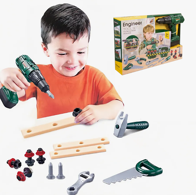 Іграшковий набір 30 будівельних інструментів у ящику для дитячої майстерні шуруповерт пила молоток пасатижі