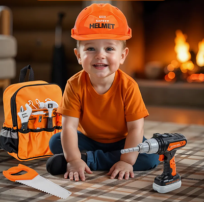 Дитячий іграшковий набір 28 будівельних інструментів в рюкзаку дриль каска пила молоток плоскогубці викрутка