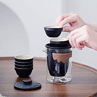 Дорожній чайний набір CX-3365 заварник + 6 піал із чохлом 310 ml скляний Black, фото 3