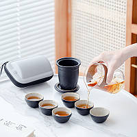 Дорожній чайний набір CX-3365 заварник + 6 піал із чохлом 310 ml скляний Black, фото 4