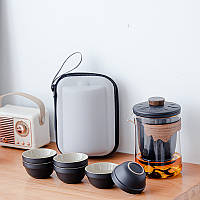 Дорожній чайний набір CX-3365 заварник + 6 піал із чохлом 310 ml скляний Black, фото 5