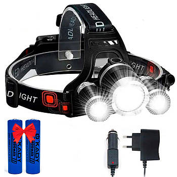 Налобний ліхтар RJ-3000 Т6+2XPE + Подарунок Акумулятор 18650 2шт / Світлодіодний акумуляторний ліхтарик на голову