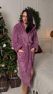 Жіночий довгий махровий халат з капюшоном, м'який теплий халат для дому, пудровий