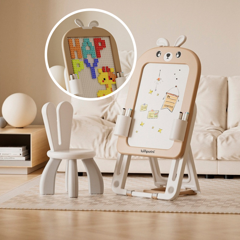Дитячий мольберт двосторонній Lumpurini Missi Vario Comodo зі стільцем 3-в-1 з конструктором і магнітною дошкою для малювання, фото 1