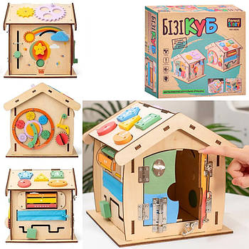 Бізикуб з дерева з шестернями, сортером, лабіринтом та рухомими деталями MD 0838