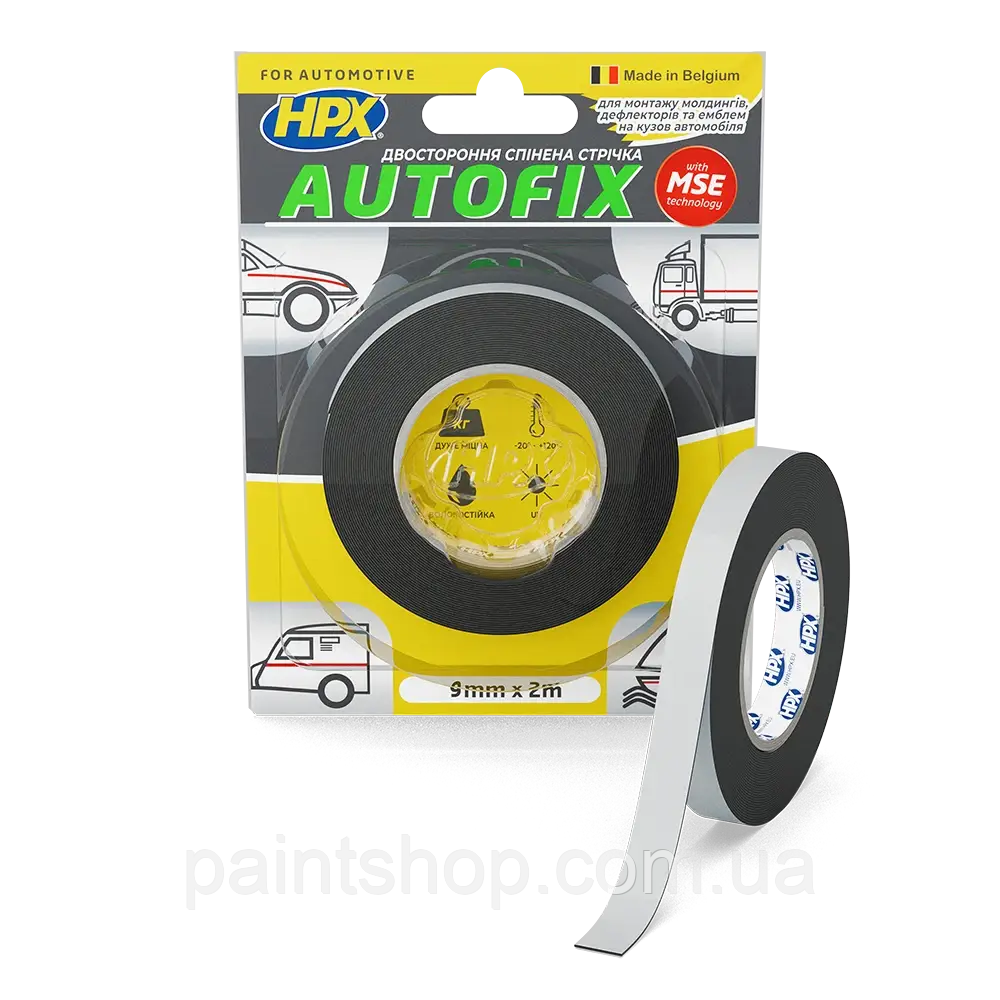 Стрічка двостороння автомобільна HPX Autofix MSE 9 мм х 2 м Чорна блістер, фото 1